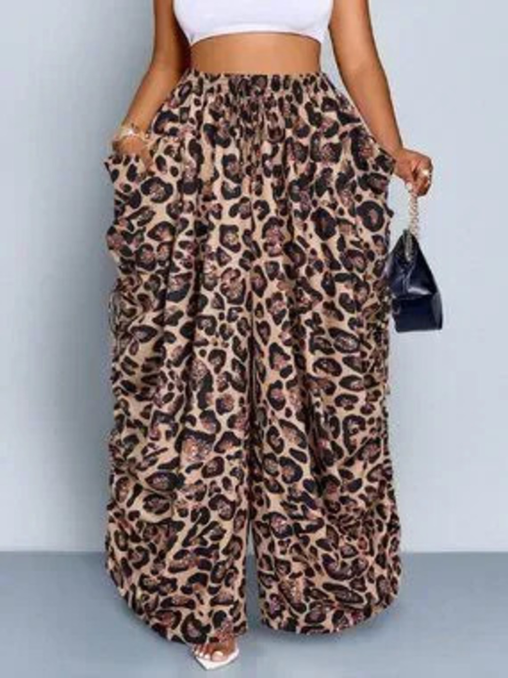 Brown Casual Women's Leopard Print Drawstring Wide-Leg Trousers
